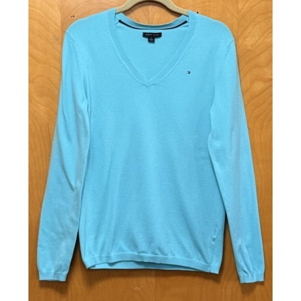 Tommy Hilfiger Womens Ribbed Trim V-neck Cotton Blend Sweater Preppy Turquoise M